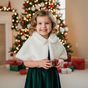 [Kids XS 4] Tahari Faux Fur Girls Shrug White Red Holiday Christmas Capelet Cozy